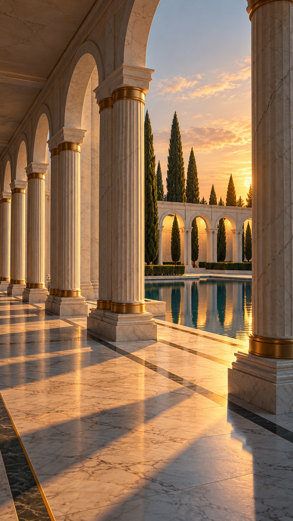 An empty marble arcade opening onto a tranquil reflecting pool