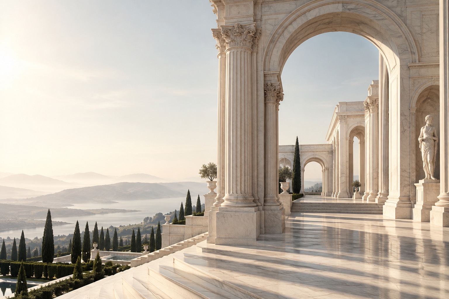 Sunlit marble arches opening onto a cypress garden