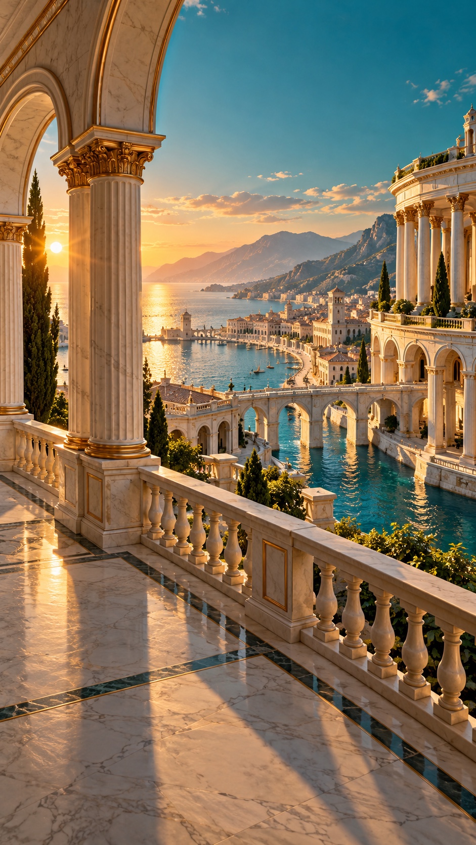 A classical coastal city with marble arcades and a teal harbor