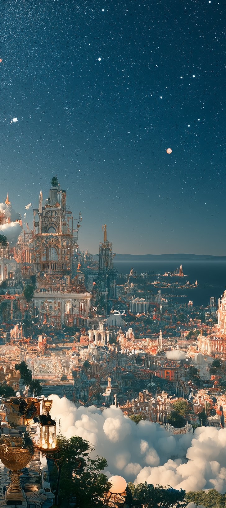 A vast classical city beneath a deep teal star-filled sky