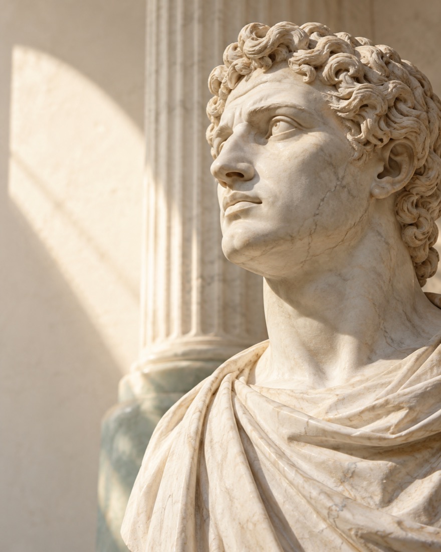 A marble philosopher, representing human judgment