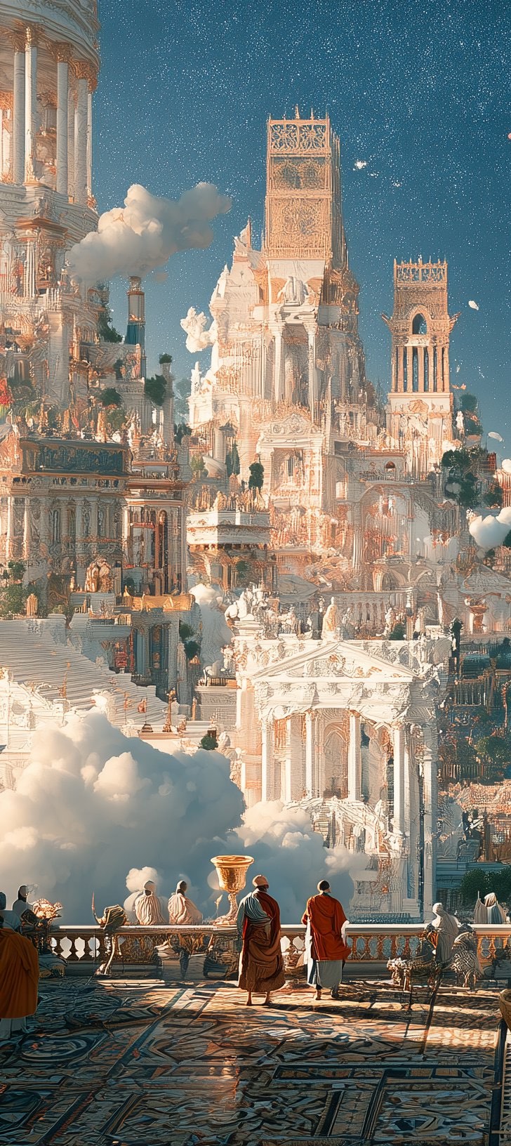 A monumental city of golden-white Roman palaces rising above clouds