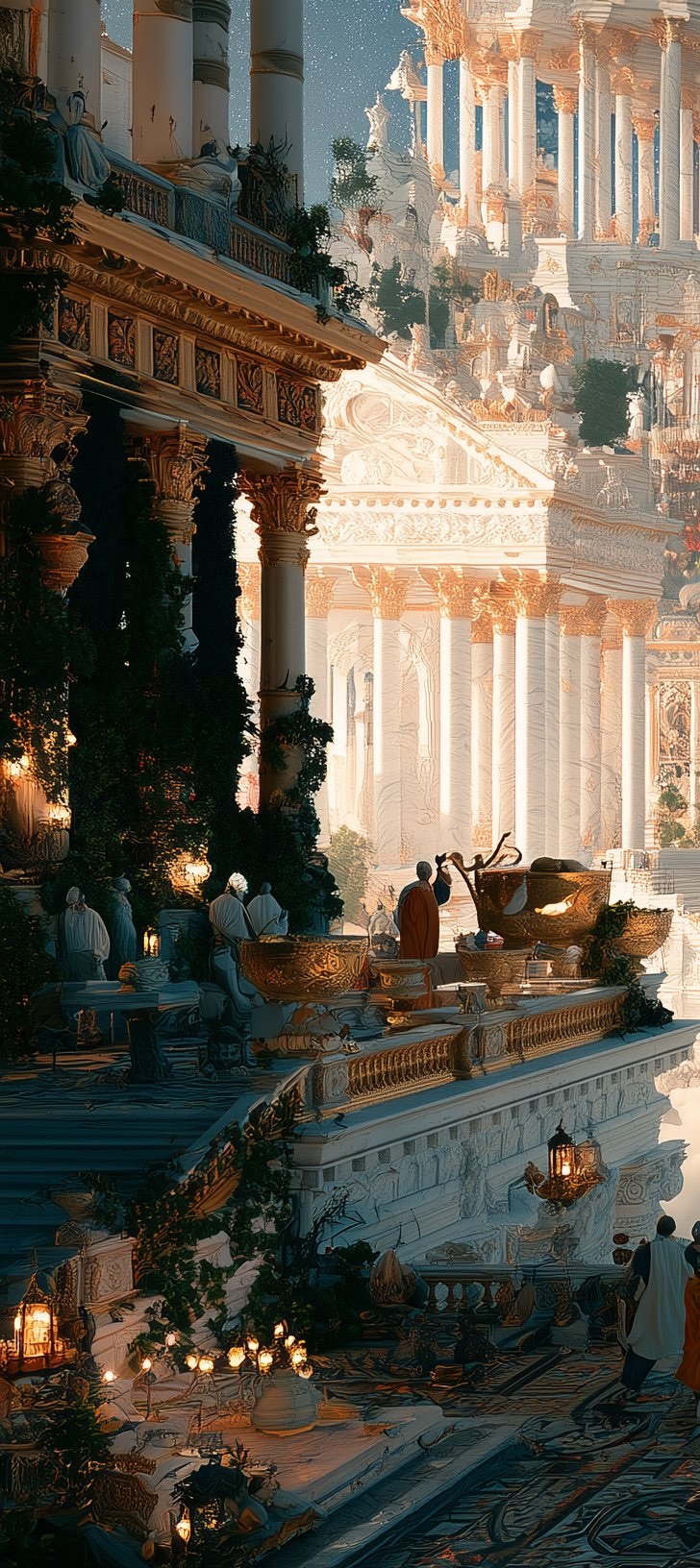 Intricate Roman terraces and towering marble columns in golden light