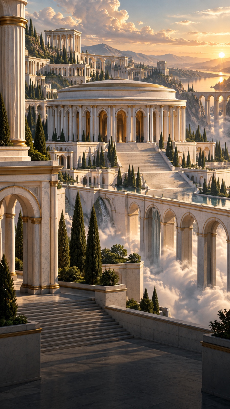 An ivory marble rotunda with interconnected terraces above clouds